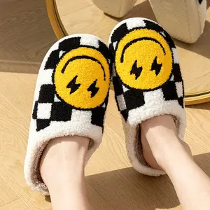 Preppy Aesthetic Lightning Bolt Smiley Face Checkerboard Print Cozy Slippers