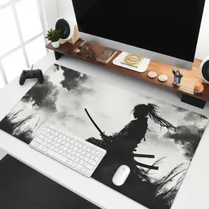 Samurai Pattern Gaming Mouse Pad for Desk Black and White Anime Mousepad Extended Large Desk Mat With Stitched Edge Non-Slip Rubber Base Desk Accessories for Home Office Decor Pad 35.4x15.7 Inch Perfect Gift for Men Women