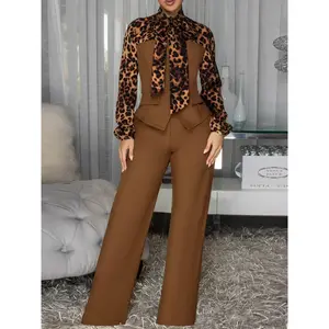 Women’s Elegant Two-Piece Set, Leopard Bow Blouse Top and Solid Color Pants, Casual Sexy Fitted, Slight Stretch Fabric, Perfect for Fashion Occasions