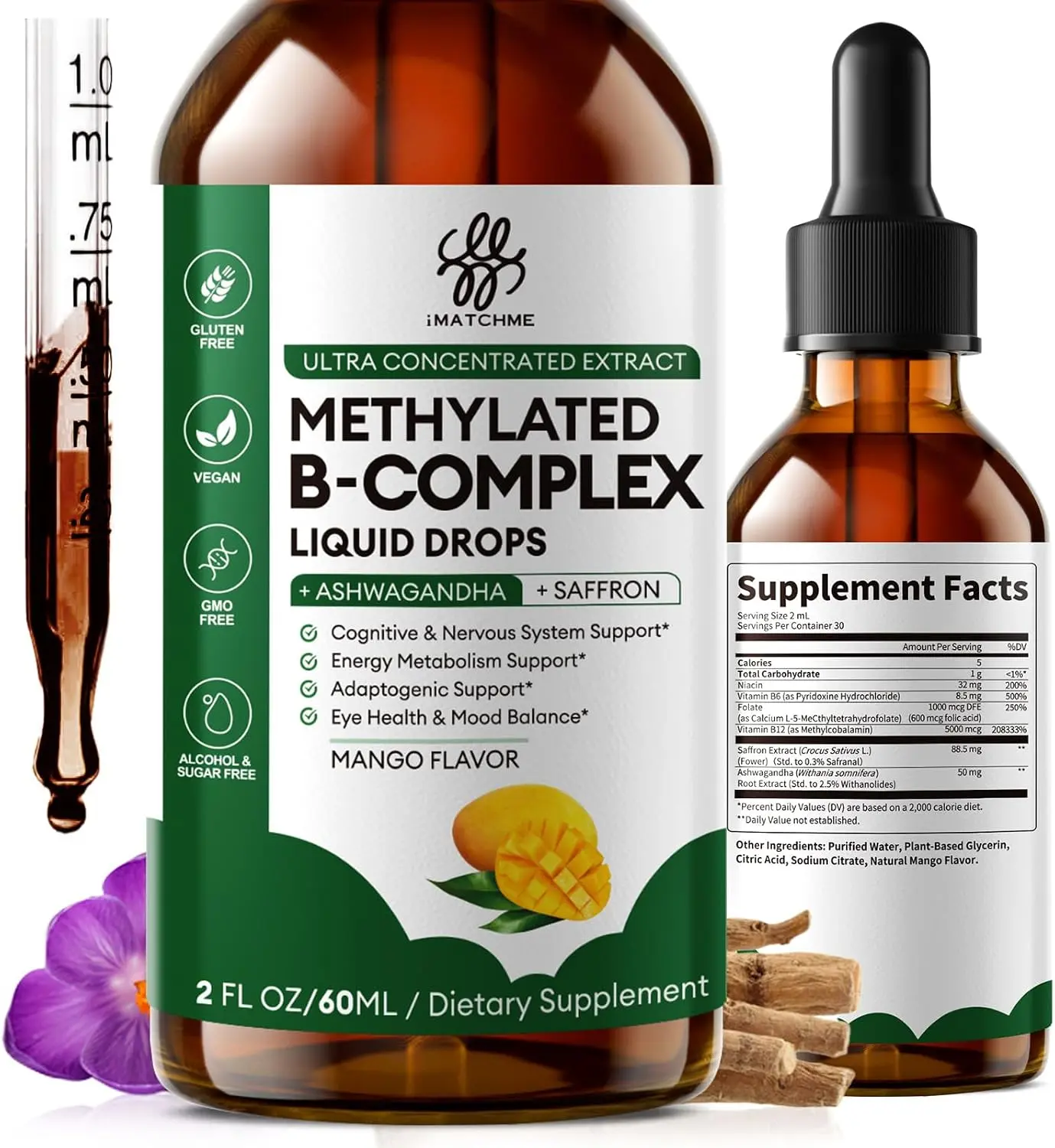 Methylated B-Complex Liquid Drops | Active B12 (Methylcobalamin), L-5-MTHF Folate & B6 | Ashwagandha & Saffron | Energy, Focus & Brain Support | Vegan, 2 Fl Oz