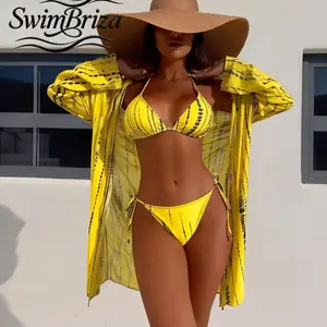 Briza｜Women's Yellow Printed Bikini Set with Long Sleeve Sheer Cover Up Halter Top and High Cut Bottom Two Piece Bathing Suit Swimwear for Beach Pool Summer Vacation, Women's Swimwear, Bathing Suit for Women, Rash Guard Swim Shirt
