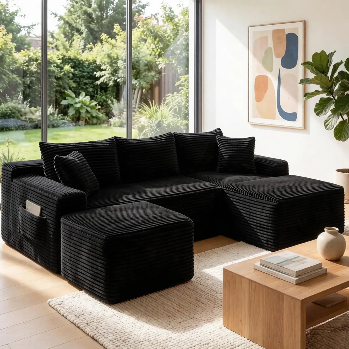 94.5" Cloud Sectional Sofa Couch U-Shaped Chaise, Corduroy Boneless Modular Sofa with Ottoman, Boneless Couches with Deep Seat in a Box for Living Room, No Assembly Required