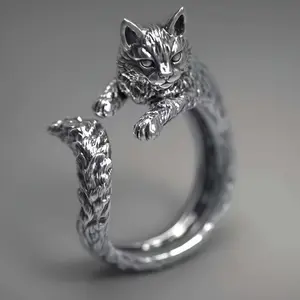 1 piece Men's open ring, kitten retro dark style ring, cartoon personality fashionable simple ring, party daily ring