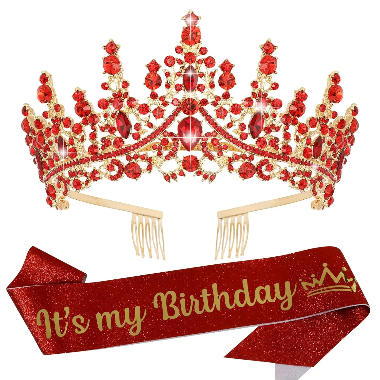 Red Birthday Tiara Crowns for Women - Girls Princess Crown with Combs, Happy Birthday Party Decorations, Ideal for Girls' Hair Accessories JianShuLuxe