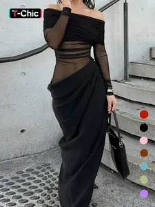 Women's Plain Fitted Off Shoulder Ruched Sheer Mesh Dress, 2025 Elegant Chic Long Sleeve for Party Banquet, Ladies Summer Clothes, Travel Outfit, Comfy, Warm Weather, Slimming Style, Lightweight, Elevated Basics