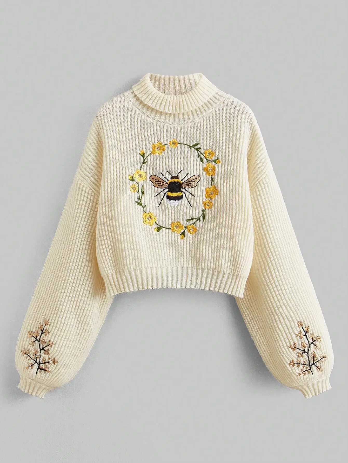 Women's Floral Embroidered Mock Neck Knitwear Sweater for Fall & Winter - Womenswear Breathable Casual Fashion Fit