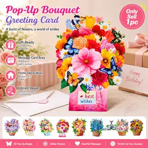 3D Floral Pop Up Card for Women,3D Laser cutting, Flowers and Butterflies design, Forever Bouquet with Envelope, Anniversary Pop Up Birthday Card,  Valentine’s Day, Mother’s Day, Greeting Card for Women, Wife, Daughter or Sister