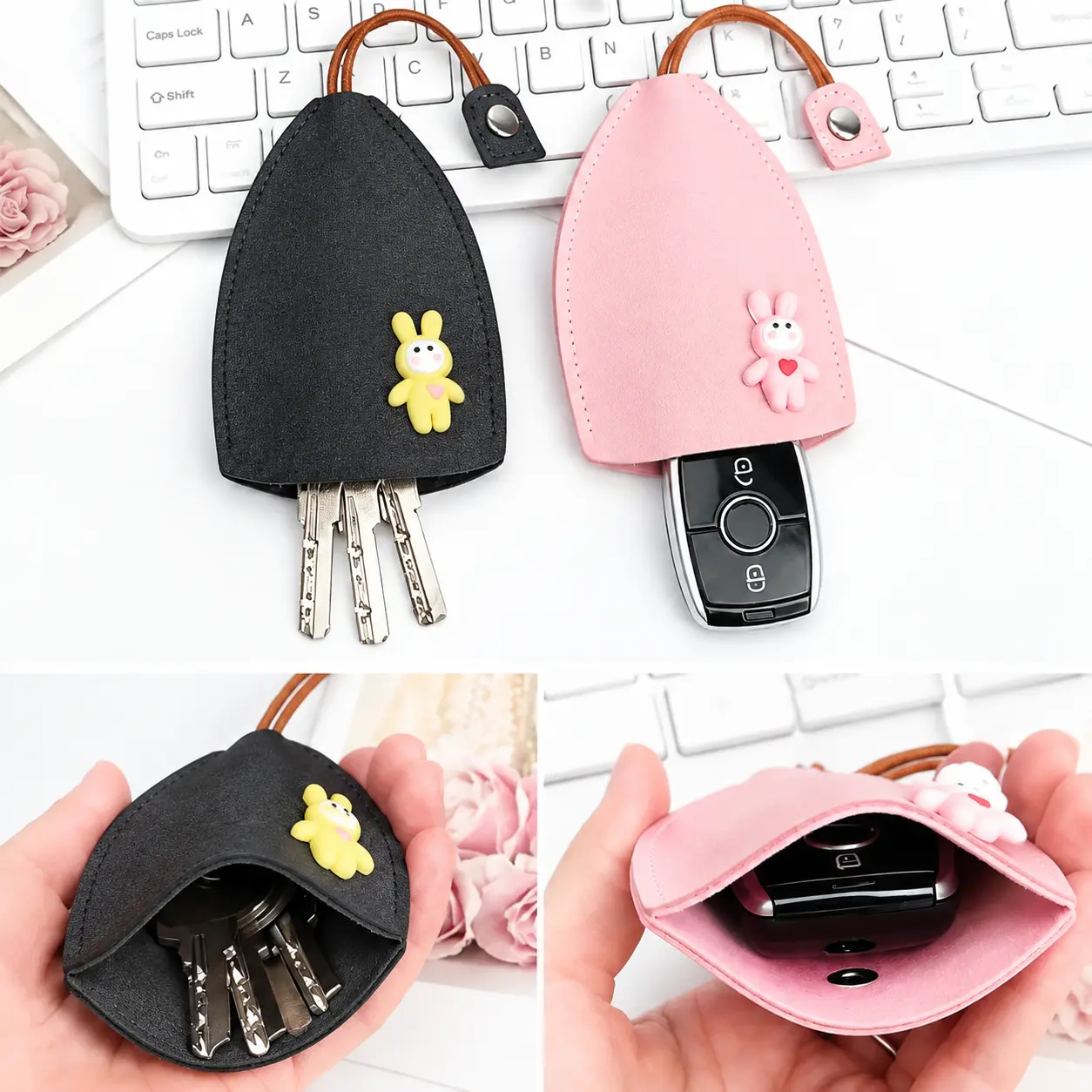 Cute Cartoon Pull-out Key Case, Portable Leather Car Key Holder, Quick Pull Design Anti-Scratch Key Pouch, Kawaii Key Bag for Women Gift