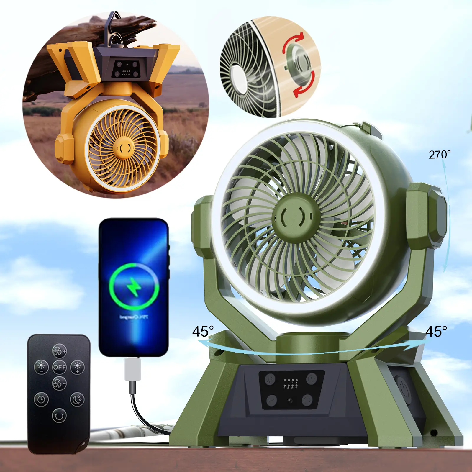 Portable Camping Fan with LED Lantern 20000mAh Automatic Oscillating Table Fan with Remote Control and Hook Rechargeable Battery-Powered Fan with Hook