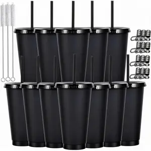 24 oz Black  Plastic Cups, Custom Cups for Party with  and Straws, 12 Pack Iced Coffee Travel Mugs or Mean Girls Party Tumblers, Leak Proof Coffee Travel Mug(12, Black)