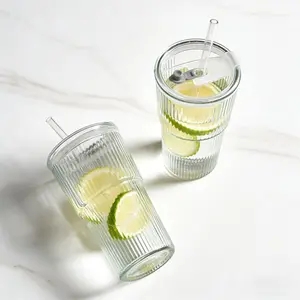 600ml Ribbed  Tumbler with Lid, Straw & Sleeve, Large Capacity Clear  Cup for Iced Coffee, Juice, Aesthetic Drinkware Silicone Reusable Bottles Mug Beverage coupe glass
