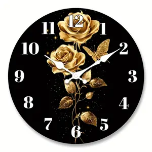 Minimalist black and gold rose butterfly pattern acrylic wall clock, silent clock with a shiny design, suitable for living room, bedroom, kitchen, office, garden decoration, modern home art decoration, ideal gift for Christmas, New Year, Valentine's Day,