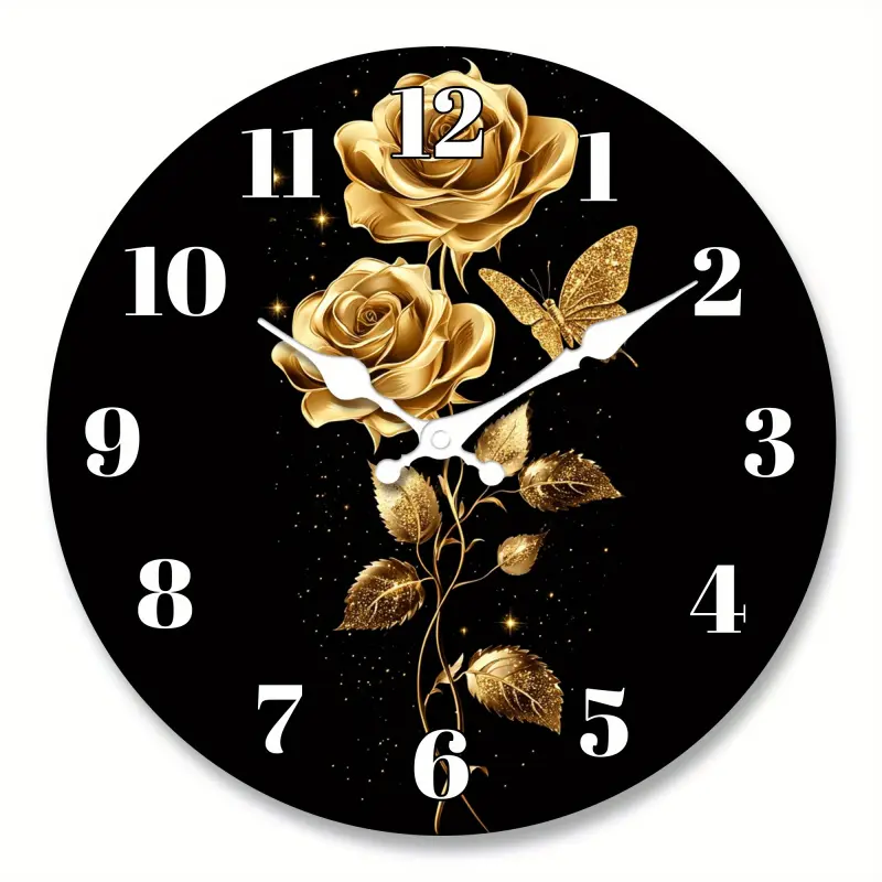 Minimalist black and gold rose butterfly pattern acrylic wall clock, Decorative wall clock, silent clock with a shiny design, Silent analog clock, suitable for home, office, garden decoration, modern home art decoration, ideal gift for Christmas, New Year