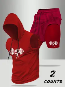 Men's 2-Piece Gym Set ， Hooded Sleeveless Tank Top & Faux Two-Piece Shorts ，Barbell Strength Graphic Screen Printed Apparel ， High-Stretch Breathable Fabric ， Slim Fit for Weightlifting, Gym Workouts & Urban Outings，Durable Print for Gym Rats & Strength T