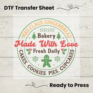Mrs. Claus Gingerbread Bakery DTF, Transfer Sheet, Ready to Press, Custom Dtf, Heat Transfer, Christmas Gift, Holiday Baking, Sweater Gift