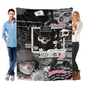 Grunge Aesthetic Skeleton Collage Flannel Throw Blanket, Edgy Dark Fleece Blanket with Gothic Skull & Raven Print, All-Season Blanket for Alt Fashion Fans & Bedroom Decor