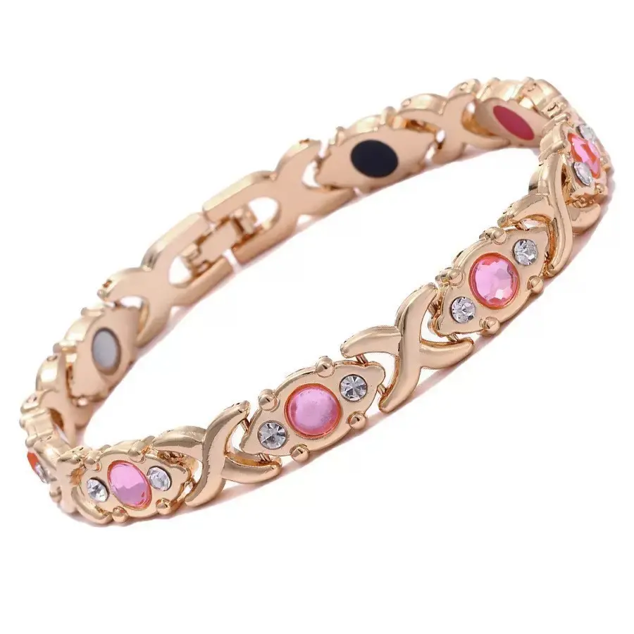 Women's Rose Gold X-Link Pure Copper Magnetic Bangle Bracelet - Inlaid Pink Crystal Rhinestones, 3500 Gauss Magnets, Ideal Mother’s Day/Birthday Gift for Women, Daily Casual Outdoor Accessory