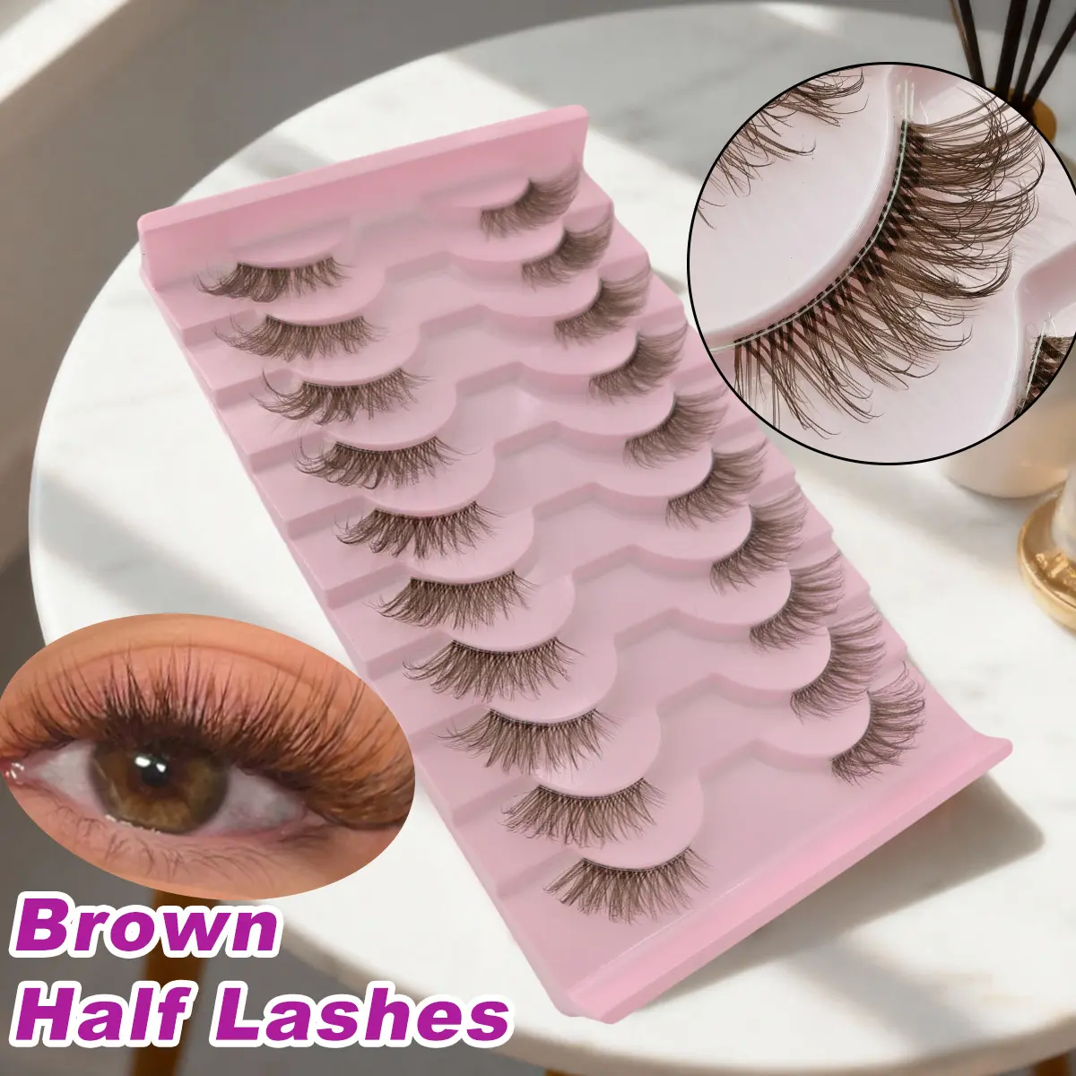 10 Pairs Brown Half Lashes Natural Look Wispy Cat Eye False Eyelashes Fluffy Clear Band Short Fluffy Eyelash Clusters for Holiday Events Costume Parties
