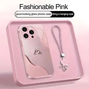 Wave Art 26 letter Phone Case, Suitable for [iPhone 16 Pro Max] high-end women's, Lanyard a beautiful four-leaf clover lanyard is included🍀 952