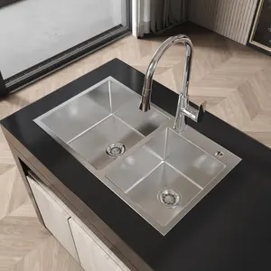 Stainless Steel Kitchen Sink, 32″x19″ Double Bowl in Brushed Nickel, Overmount Handmade Sink, with US Standard Drain and Hook, LS-SSBR03