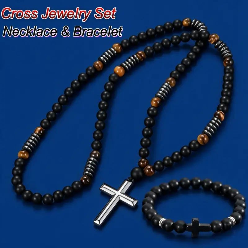 Handmade Black Lava Stone & Hematite Cross Pendant Rosary Necklace, Fashion Cool Chain Jewelry Necklaces for Men & Women, Giftable Costume Accessory