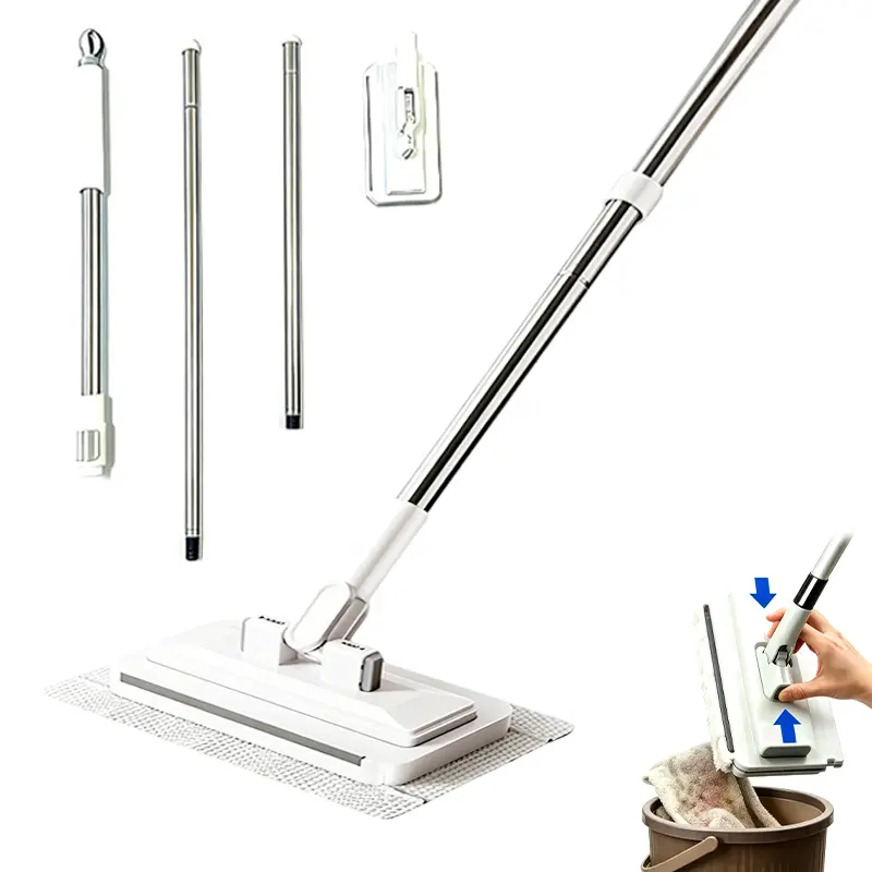 Retractable dust mop with hands-free automatic clamp design. Perfect for dry and wet cleaning on hardwood floors, tile, and baseboards. Features replaceable non-woven pads, no hand washing needed. An effortless cleaning tool for everyday home use.