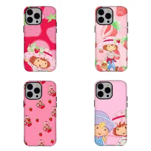 Retro Cartoon Strawberry Shortcake Phone Case Vibrant Pink Strawberry Pattern Shockproof Cover Compatible for iPhone 17 16 15 14 13 12 11 Pro Max Plus & Samsung Galaxy S26 S25 S24 S23 S22 Ultra