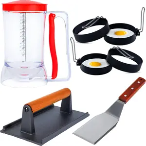 Eggssentials Griddle Breakfast Kit Compatible with Blackstone Griddle, Pancake Batter Dispenser, Bacon Press, 4 Egg Rings & Stainless Steel Spatula - Best for Indoor-Outdoor Cooking, Wood-Handled Burger Presser
