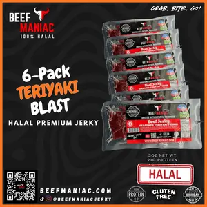 Halal Beef Jerky 6-Pack Teriyaki Blast by Beef Maniac | Natural Hardwood Smoked Premium Jerky Made in Michigan