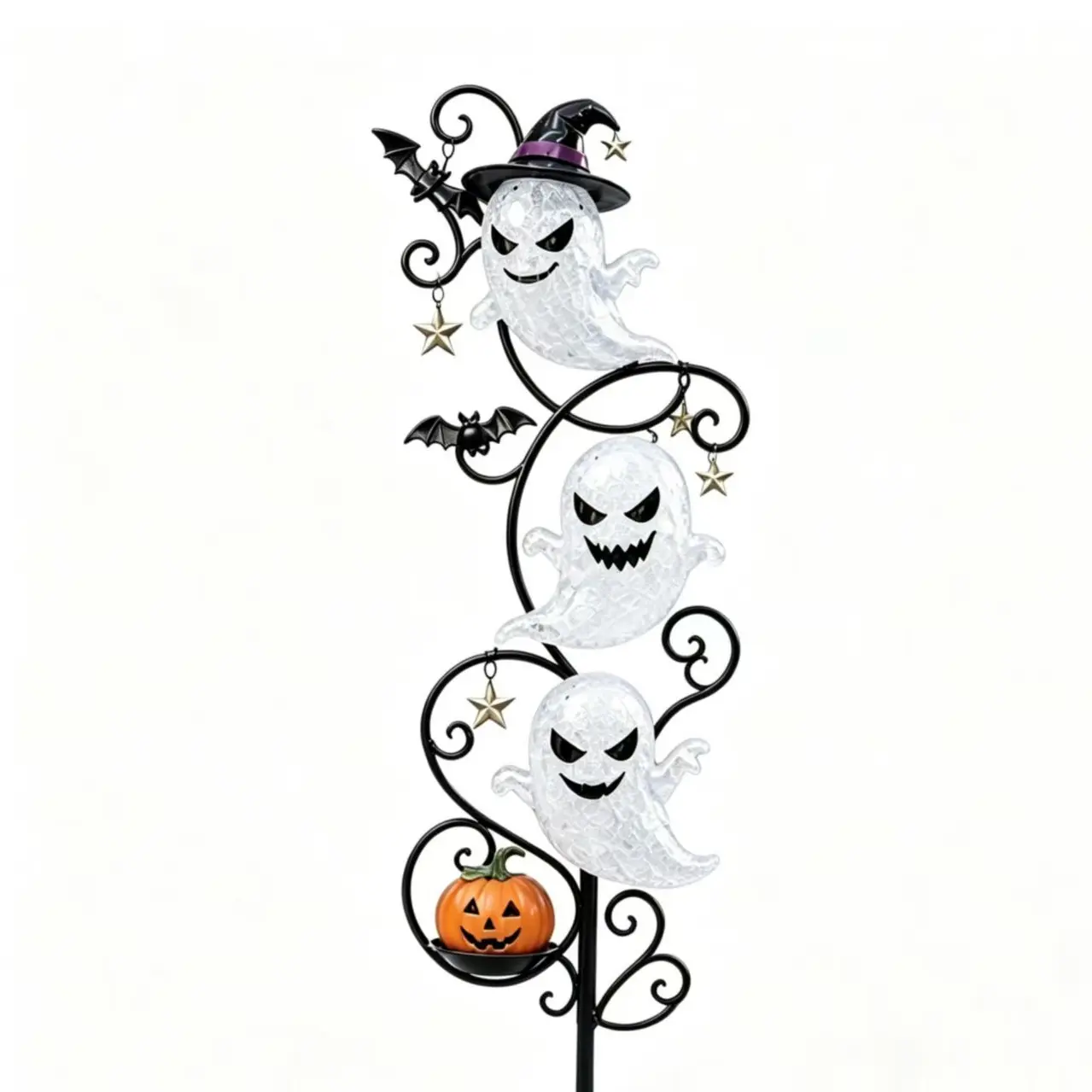 2D Lighted Ghost Pumpkin Metal Garden Stake, Halloween LED Outdoor Decor for Pathway, Front Lawn & Porch, Glass-Metallic Sun Catcher Sculpture Ornament Glass Metallic Spooky Standing Stars