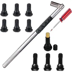 Tire Valve Stem Puller Tools Set –1 x Valve Stem Installer, 10 x Brass and Ozone Resistant EPDM Snap-in Tire Valve Stem with Valve Cores (6 x TR412,4 x TR413), 1 x Valve Core Remover