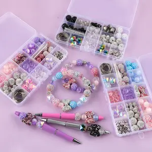 114pcs Box Rhinestone Bow Bead Acrylic Hexagon Bubble Gum Beads Crystal Glass Bead Kit for Key chain Making, Pink Purple Black White Beads for Phone Chain Bag Chain Jewellery Making