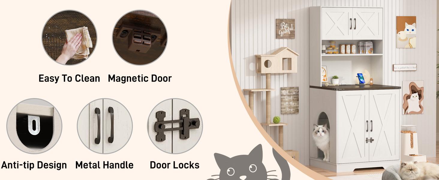 71" Tall Wooden Cat Litter Box Enclosure | Power Outlets + Open Shelves + Locks | Hidden Pet Washroom Cabinet (Brown, Living Room/Bedroom)