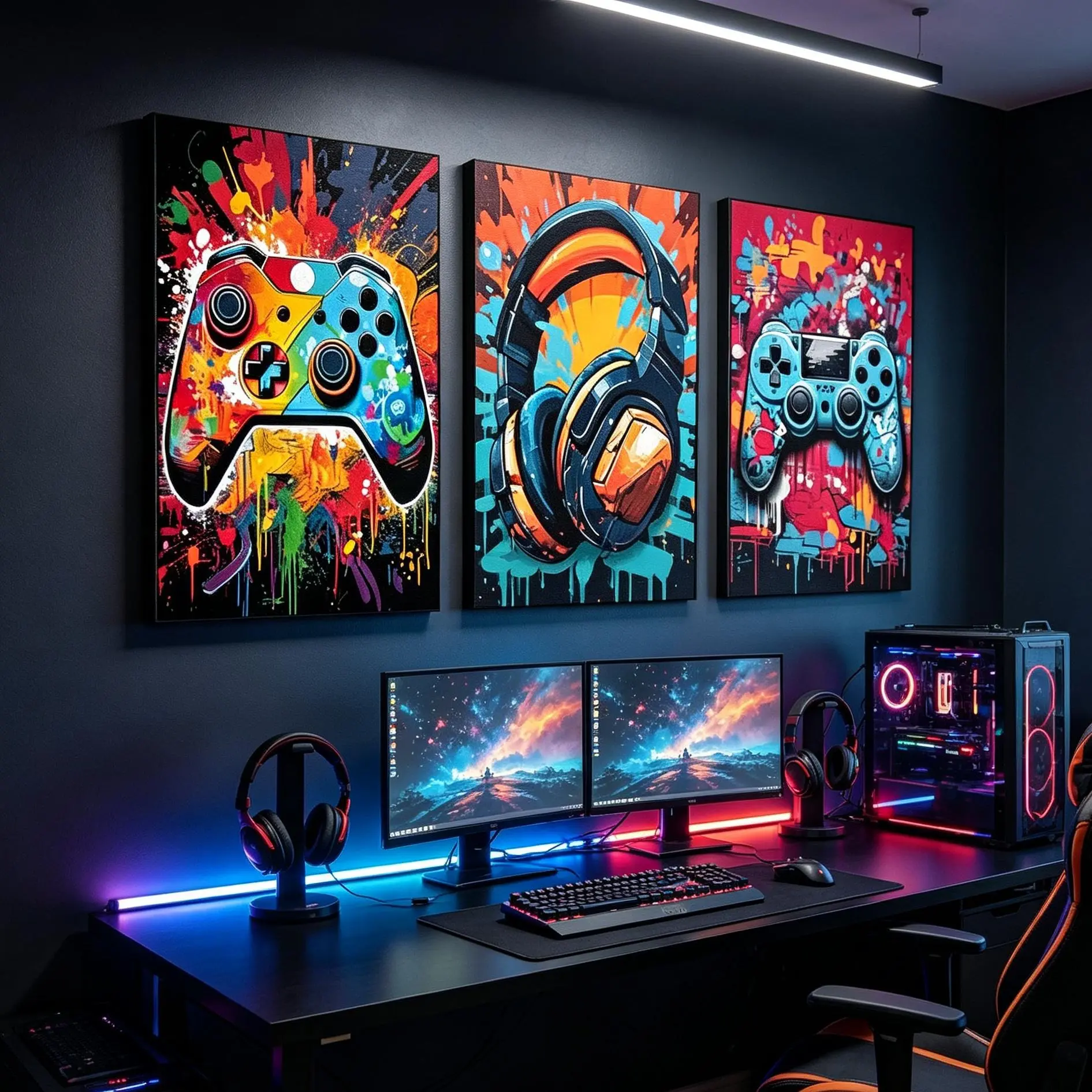 3Pcs Cool Gaming Wall Art Wooden Framed Retro Video Gamer watercolor Posters Pictures Colorful Neon Gamepad Canvas Painting Prints for Boys Room Kids Gamer Room Bedroom for Boys Home Decoration, Graffiti Splash Art Print, Teen Boy Game Room Decor