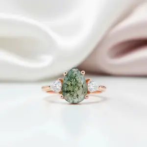 Unique Teardrop Natural Moss Agate Engagement Ring