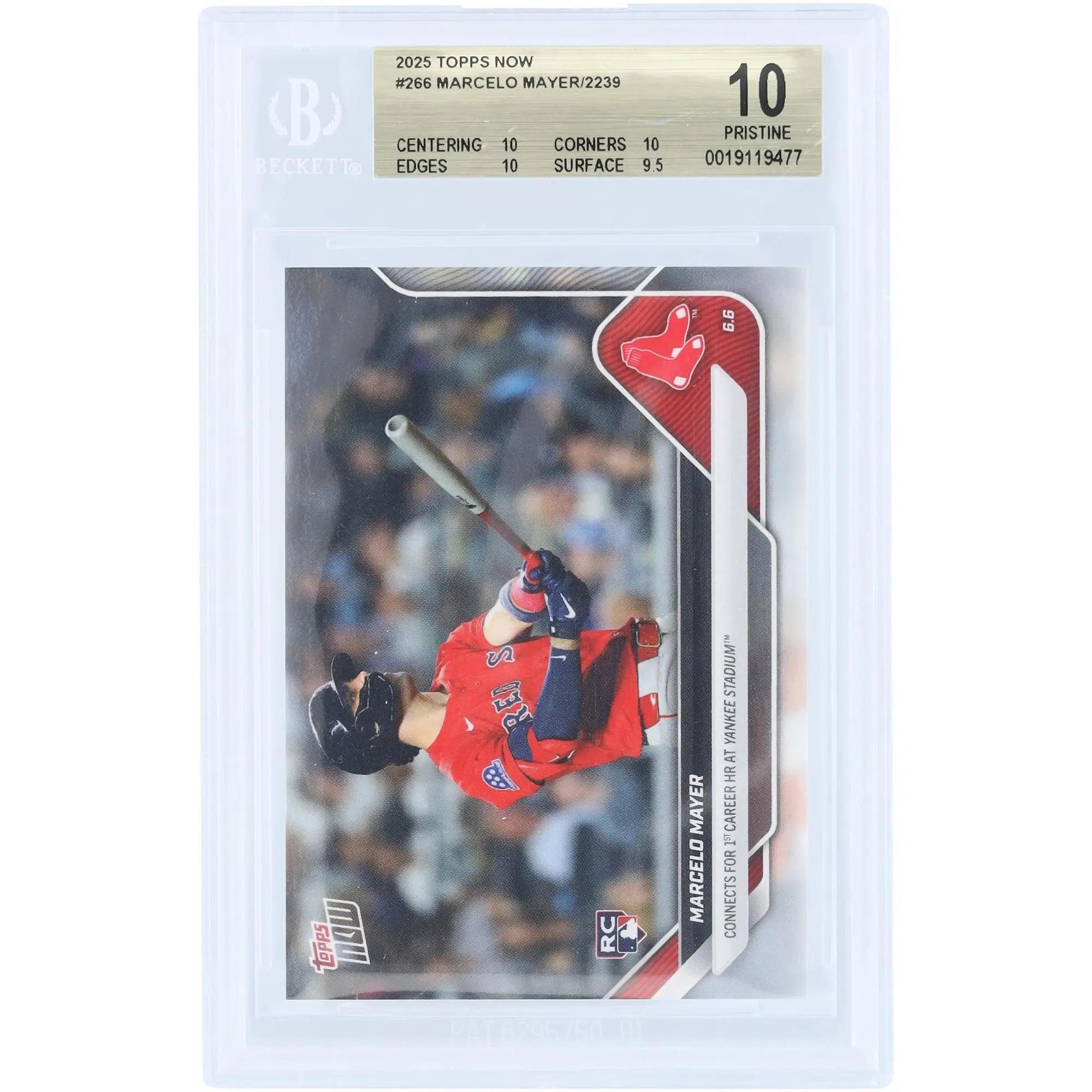 Marcelo Mayer Boston Red Sox 2025 Topps Now Connects For 2nd Career HR at Yankee Stadium #266 BGS Authenticated 10 Rookie Card - 10,10,10,9.5 Subgrades