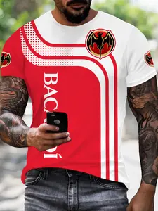 Bacardi Theme and Block Short Sleeve T-Shirt, Casual Streetwear for Everyday Wear, Fitted Long Length Top