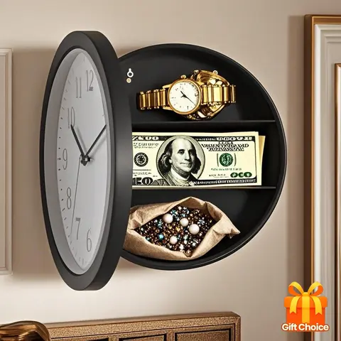 Multifunctional wall clock safe. Features a hidden coin compartment for easy and secure transfer. Versatile for storing cash, jewelry, and valuables. Suitable for home, office, and living room décor. Safe, reliable, and with a vintage style.