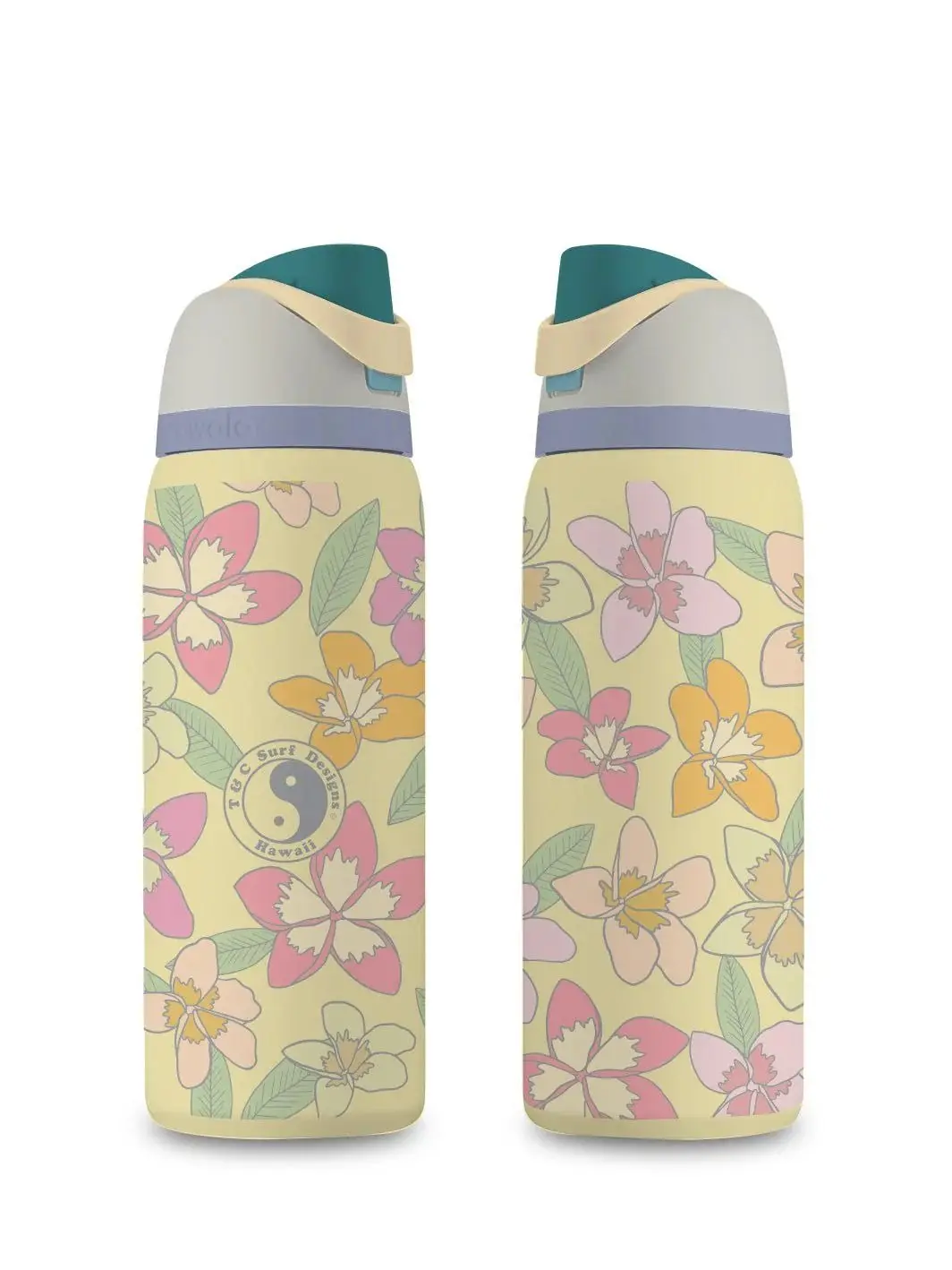 Owala Hawaiian Floral Water Bottle – Yellow Tropical Flower Insulated Stainless Steel Bottle with Straw Lid for School, Gym & Travel