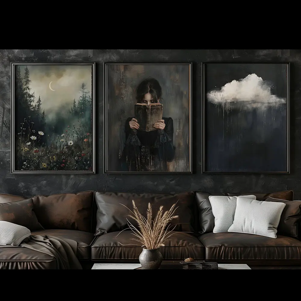 Cloud Dark Woman Read Book Moody Bonitical Dark Academia Unframed Poster Vintage Dark Cottagecore Prints Gothic Home Decor Kitchen Living Room Ornaments Artistic Inkjet