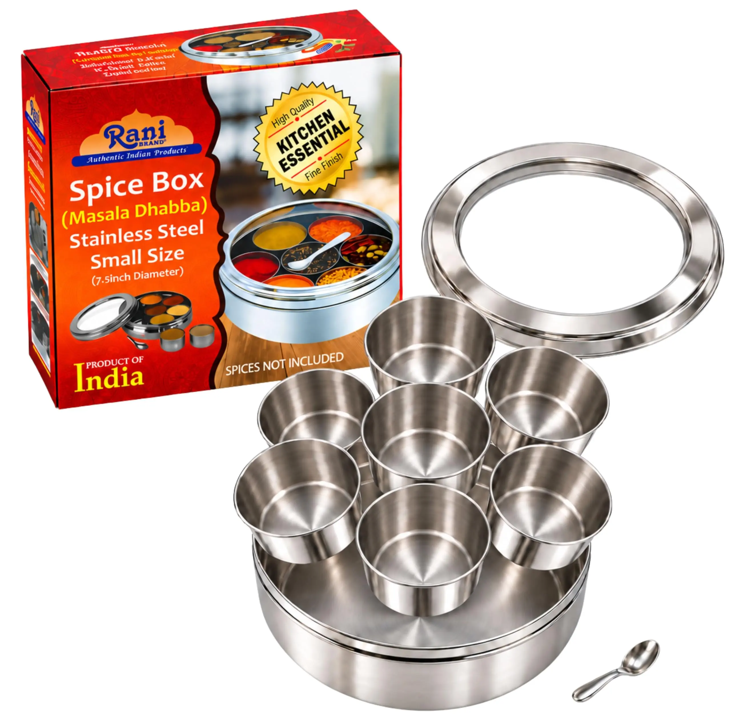 Rani Spice Box Stainless Steel Transparent Round Storage For Spices (Masala Dabba) 7 Compartments, with spoon (7.5in x 2.8in) ~ Packed in an attractive box, perfect for gifts!