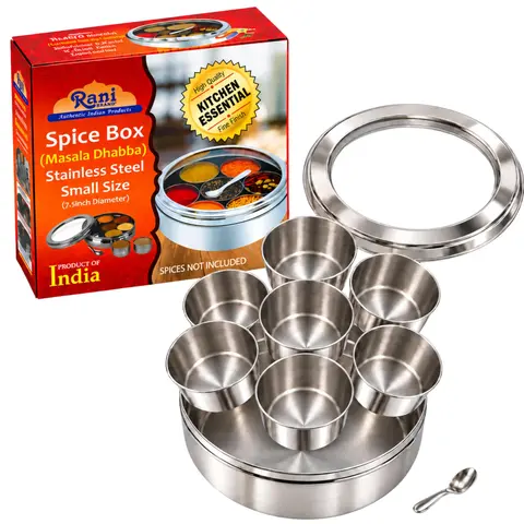 Rani Spice Box Stainless Steel Transparent Round Storage For Spices (Masala Dabba) 7 Compartments, with spoon (7.5in x 2.8in) ~ Packed in an attractive box, perfect for gifts!