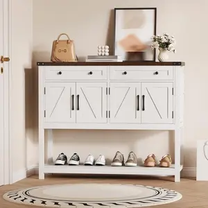 Sideboard Buffet Cabinet with Storage 47in Large Modern Farmhouse Kitchen Wood Coffee Bar Cupboard Cabinet with 2 Drawers 4 Barn Doors for Dining Room Living Room White