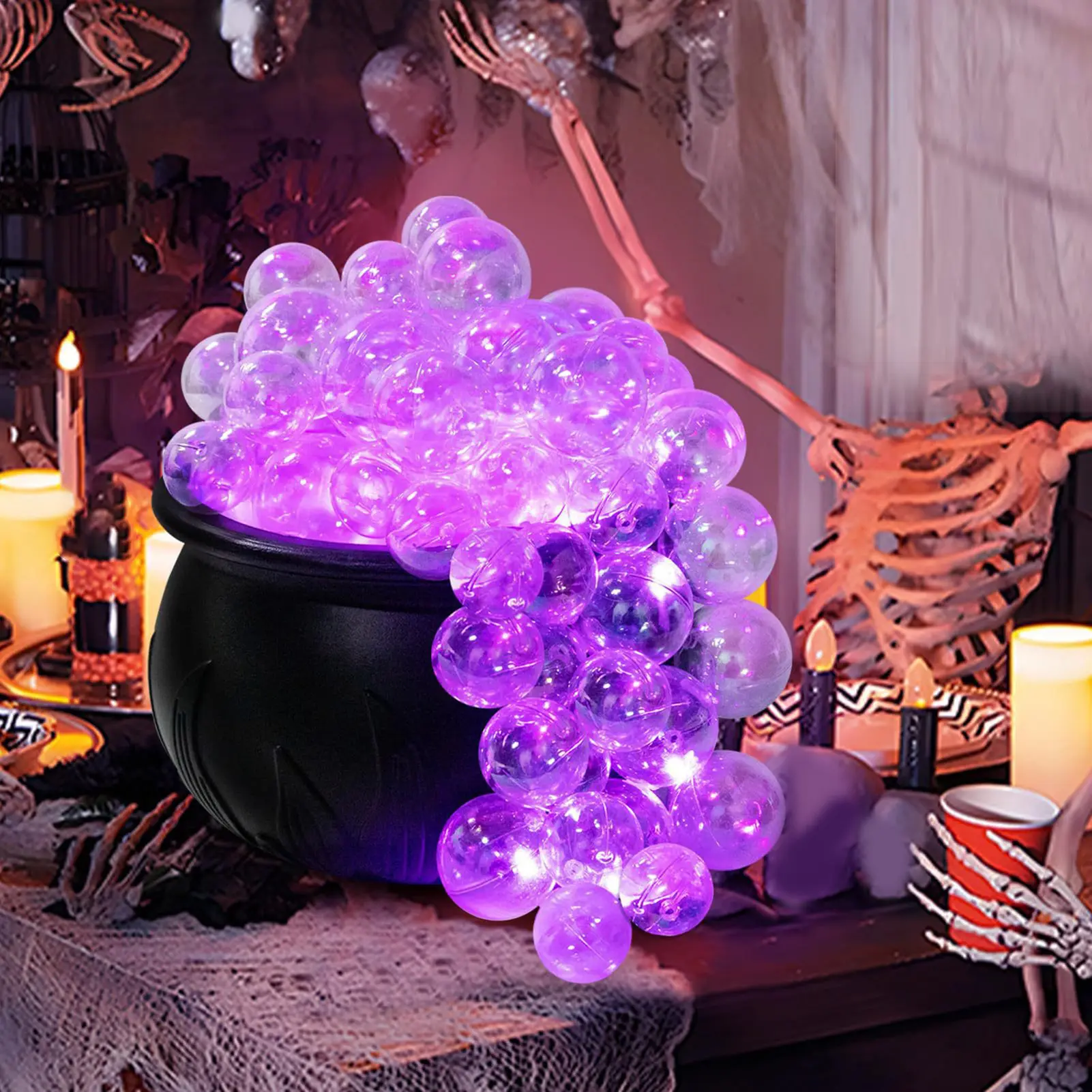 Vintage ABS Plastic Witch's Bubbling Cauldron (14x10cm) - LED Color Changing Violet Light, Twinkle Lights, Cotton Candy Storage, Tabletop Party Decor (Requires 3xAA Batteries)