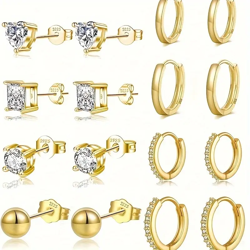 8 Pairs Gold S925 Sterling Silver Earring Set for Women – Multi-Shape CZ Studs & Tiny Huggie Hoop Earrings Pack, Hypoallergenic Nickel-Free Stackable Jewelry, Funky Unique Accessories for Cartilage Daily Party & Gift