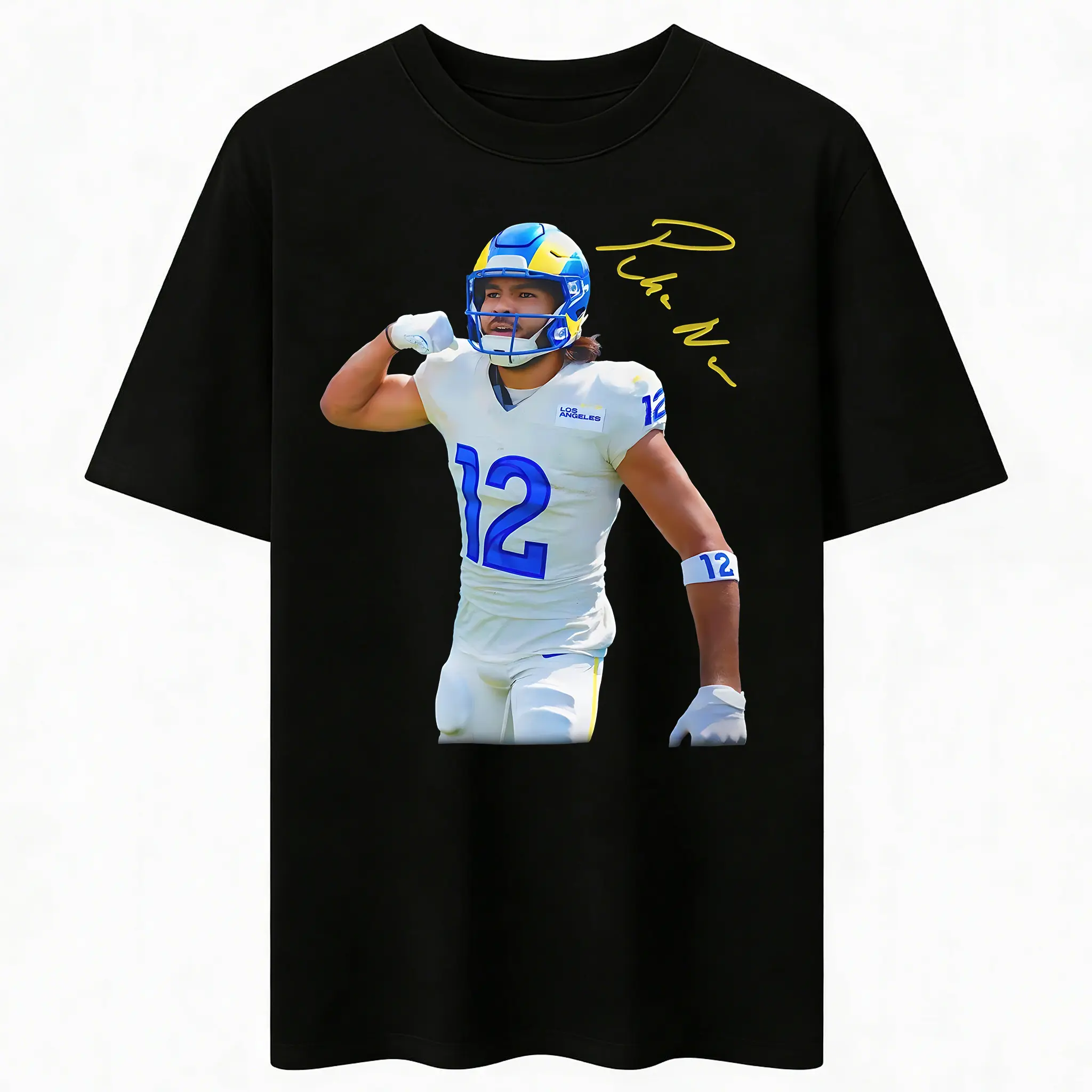 Menswear Puka Nacua 12 Oversized Round Neck Short-Sleeve Casual 100% Cotton Premium Graphic T-Shirt, LA Rams Football Fan Gear, Los Angeles Streetwear Unisex Vintage Top, Tshirt, Shortsleeve, Breathable, Football Theme