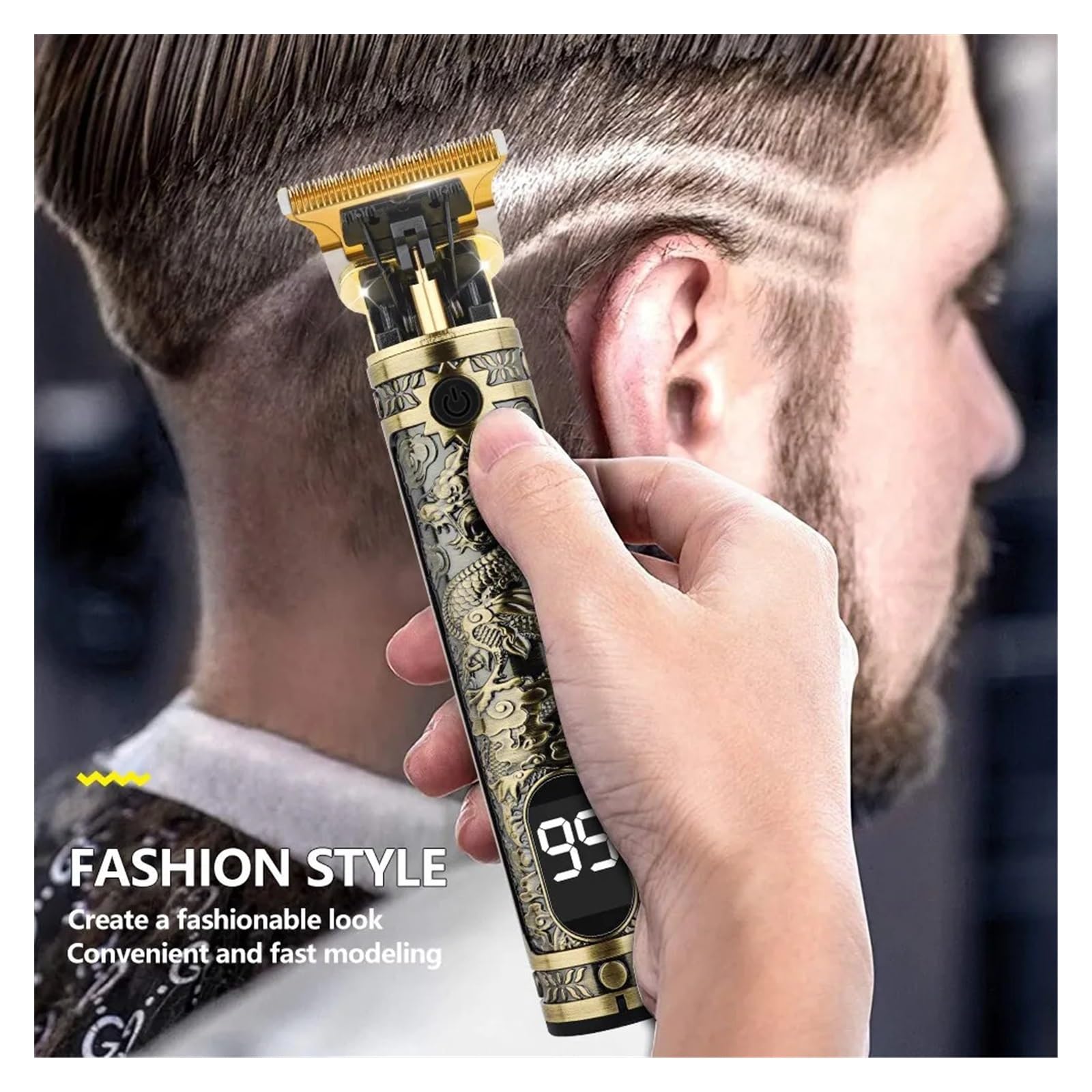 Professional Men's Hair Clipper & Trimmer - Cordless USB Rechargeable, High-Precision Beard Trimmer with 4 Detachable Limit Combs, Low Noise, Quick Charge, Dragon Design Grooming Kit for Home & Salon Use