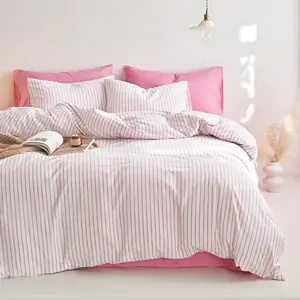 - Striped Cotton Duvet Cover Set, Ticking Stripe Vertical Pinstripe Farmhouse, 100% Washed Cotton Textured Bedding Set, 3 Pieces, Pink White, Queen Size