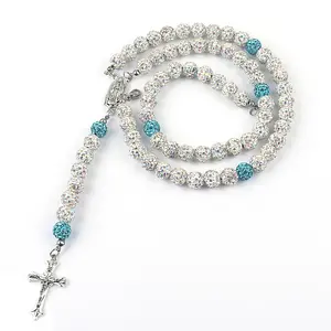 Women's Trendy Long Rosary Pendant Necklace, Ceramic Beaded Prayer Chain with Sparkling Rhinestone Accents, Layered Sweater Chain, Daily Religious Fashion Jewelry Gift