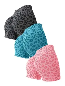 3-Pack Women's Leopard Print High-Waisted Yoga Shorts, Slim Fit Sportswear, Breathable Comfort, All-Season Athletic Apparel